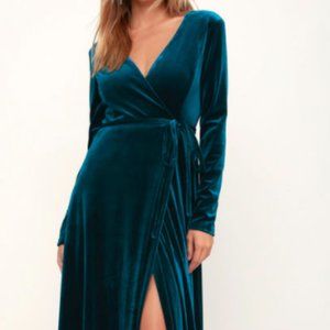 Lulus Jacinda Teal Blue Velvet Wrap Maxi Dress